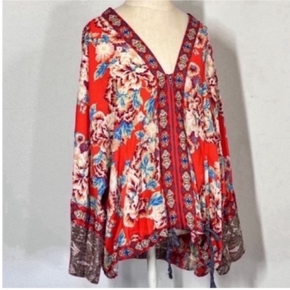 Free People Tops - Free People Floral V-Neck Blouse - Red and Blue